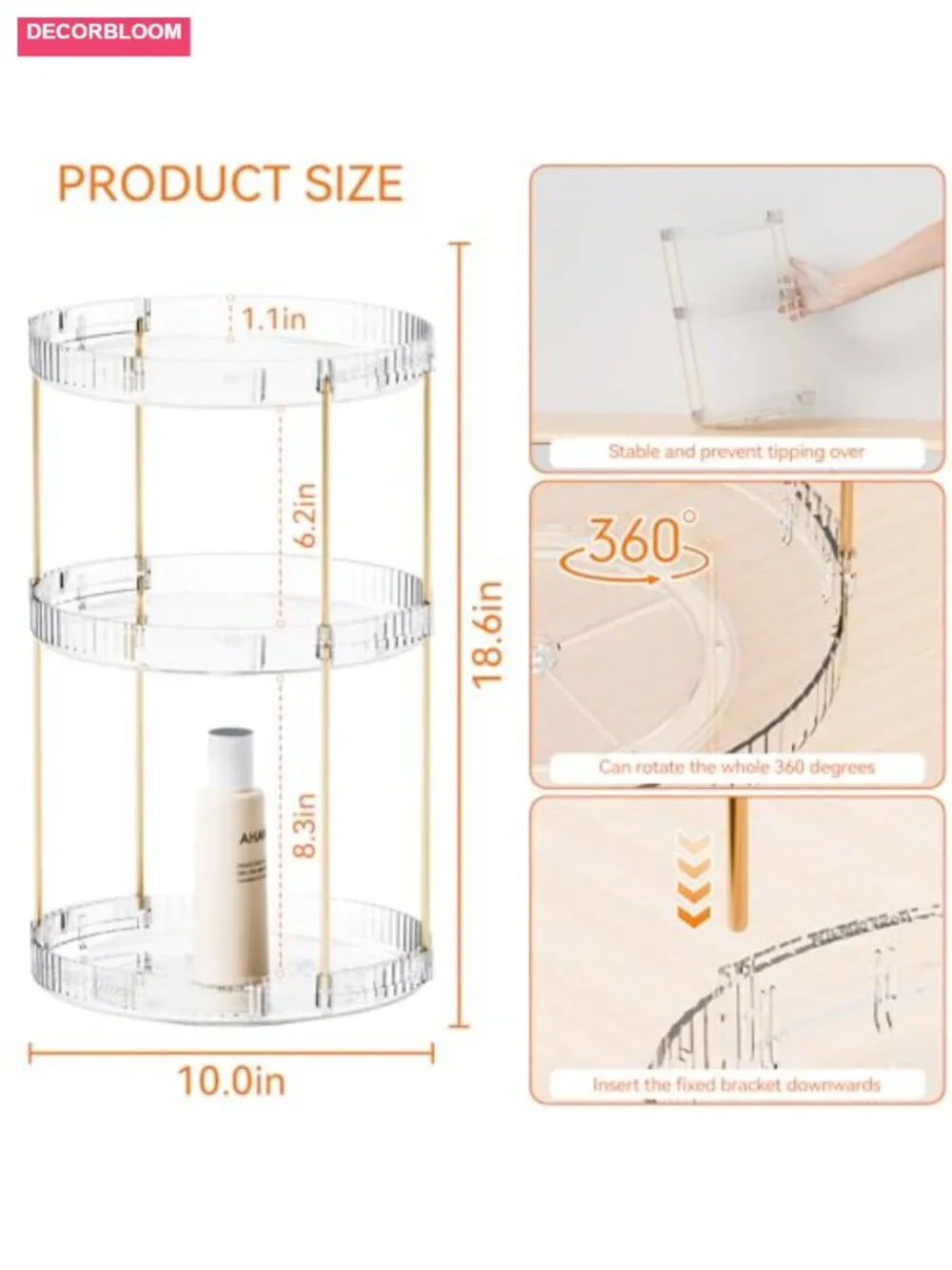 3 Tier Acrylic Rotating Makeup Organizer for Countertop Bathroom Vanity